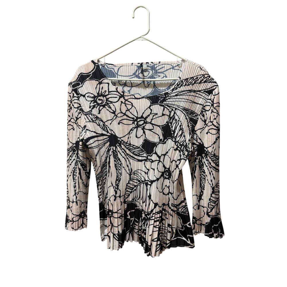Milano Pleated Floral Blouse Women’s Size Large Beige Black Long Sleeve Top